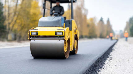 Road roller flattening a newly paved asphalt road surface during road construction works on a bright autumn day