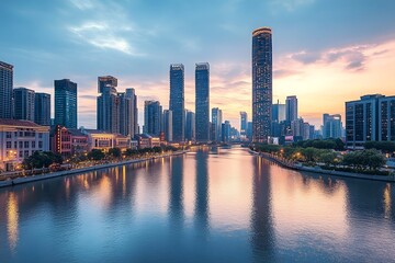 Obraz premium Tianjin Skyline Sunset: A Panoramic View of Tianjin City as the Sun Sets, Highlighting Modern Skyscrapers and Historic Architecture by the Hai River