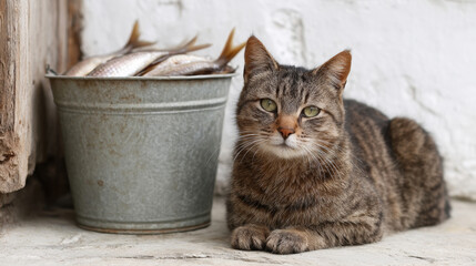 Aged tabby resting beside metal bucket brimming with fresh caught fish, sunlit rustic exterior scene