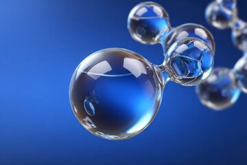 Glass molecules transparent spheres connected on a blue background