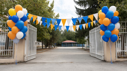 School gate decorated with colorful balloons and pennants, celebrating the first day of school, creating a festive atmosphere