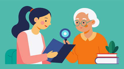 Obraz premium A woman visits her elderly mother who has recently been diagnosed with cataracts. She brings a stack of audiobooks and sits with her mother who uses a magnifying glass to read. Vector illustration