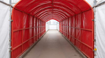 Red covered temporary pedestrian walkway tunnel providing safe access near active construction site, urban setting