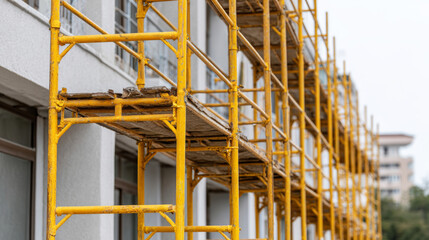 Yellow metal scaffolding covers the facade of a building during renovation works, providing access for construction workers