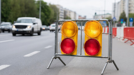 Temporary traffic lights and barriers installed at roadwork zone ensure safety for workers and drivers, regulating traffic flow in bright daylight