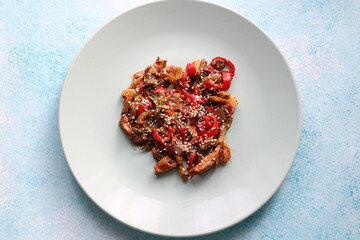 Close-up Asian style mushroom dish with sesame seeds