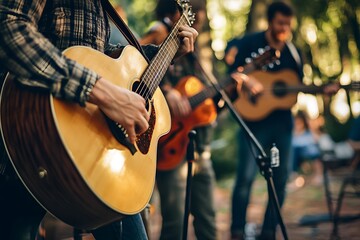 Obraz premium Musicians performing live in a forest setting, showcasing acoustic guitars, surrounded by nature, creating a vibrant atmosphere of music and camaraderie in an outdoor concert