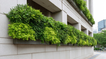 Green foliage draping urban facade, representing innovative vertical gardening design integrating eco friendly architectural approach