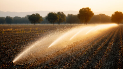 Automated irrigation system watering rows in cultivated field at sunrise, providing essential hydration for crops