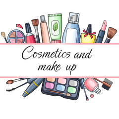 Hand drawn make up and cosmetics horizontal banner.