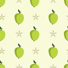 Green apples and flowers in a minimalist style in green and white colors symbolize freshness and nature. Seamless vector pattern