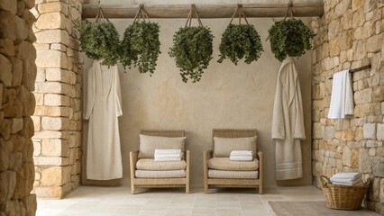 A serene and luxurious spa interior featuring neatly folded white towels on wooden shelves and plush bathrobes hanging on a rack, all set against a beautiful natural stone wall