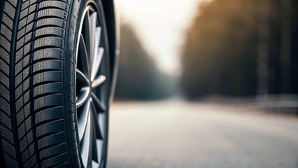 A modern car tire, complete with a gleaming silver alloy wheel, stands prominently on a light grey studio floor, perfectly illuminated by a soft
