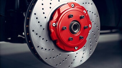 The advanced design of a drilled brake rotor and a bold red brake caliper is showcased in a tight shot, highlighting superior stopping power