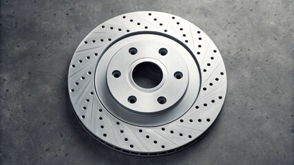 Top-down view of a shiny, modern car brake rotor, featuring a distinctive drilled and slotted surface, resting on a rugged dark gray concrete, perfect for auto parts and technology themes.

