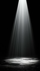 Radiant light beams emanating from darkness, spotlight illuminating stage, glowing spectral rays, abstract design with bright white illumination, copy space.