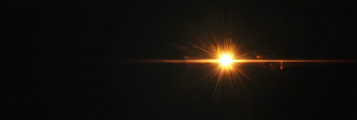 Isolated bright light beam, glowing golden rays, radiating from dark background, sun glare burst, shining star, copy space