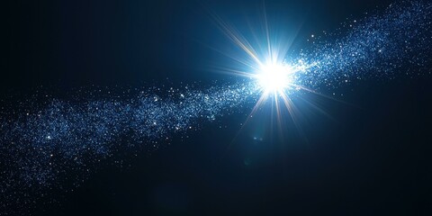 Abstract light beam with glowing rays, glitter particles in blue dark space, illuminated shiny backdrop, magical burst of illumination, copy space
