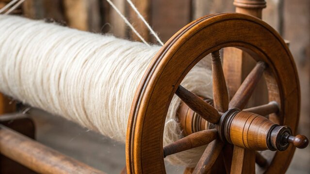 Close-up of a traditional wooden spinning wheel actively winding white, natural fiber, highlighting the intricate craftsmanship and historical textile production - Powered by Adobe
