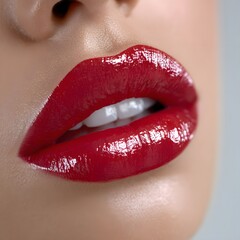 Fototapeta premium Close-up of woman's lips, glossy red lipstick, teeth visible