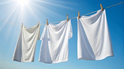 Three clean white t-shirts hang on a clothesline, drying in the bright, warm sunshine against a perfect clear blue sky