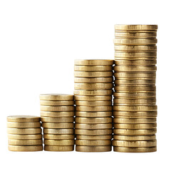 Five stacks of gold coins of increasing height, isolated on transparent background, representing financial growth and success
