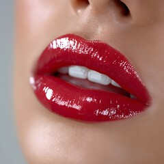 Obraz premium Close-up of woman's lips with glossy red lipstick (1)