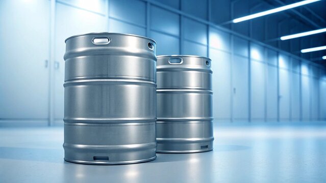 A striking lineup of four vibrant, brand-new 55-gallon steel barrels stands against a clean, light gray background - Powered by Adobe