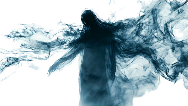 A ghostly figure shrouded in swirling blue smoke, isolated on transparent background
