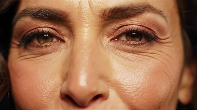 Close-Up of Middle-Aged Italian Woman with Amber Eyes & Olive Skin in Golden Light