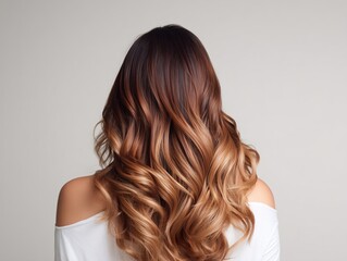 Naklejka premium Back angle of woman showcasing ombré hair color and waves