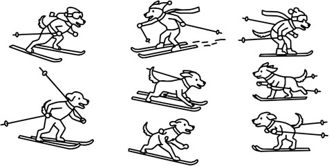 dog skiing, sport, animal, line art, silhouette
