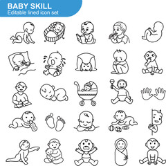 Baby skill icon set in line art style. Cute vector illustrations of infant activities, emotions, milestones, postures, learning stages, crawling, sleeping, feeding, playing, and development