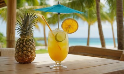 Exotic Beach Getaway, Refreshing Tropical Cocktail with Pineapple