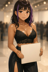 Elegant Anime Woman in Black Lace Top Holding Blank Sign at Fashion Event 
