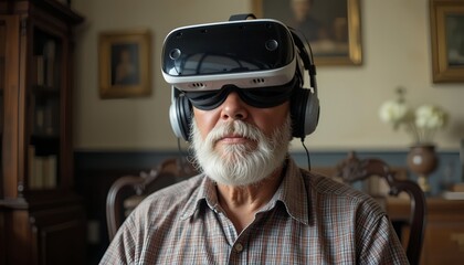 Elderly man with gray beard wearing VR glasses, virtual reality headset in a vintage room 