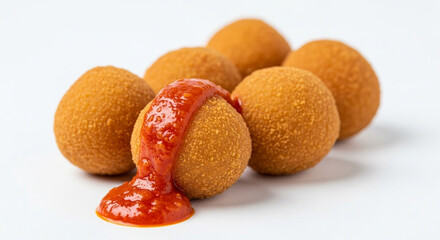 Acarajé with spicy sauce and assorted toppings, isolated on white background
