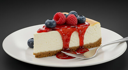 New York Style Cheesecake Slice with Raspberry Sauce and Berries – Delicious Dessert Photography on White Plate