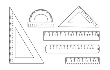 School rulers set, triangular, protractor measuring instrument for maths lessons hand drawn outline vector illustration, back to school vocabulary object, centimetre scale doodle linear image