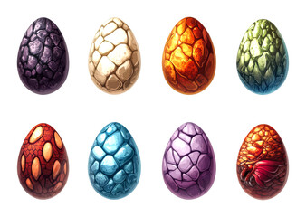 Colorful dragon eggs display fantasy realm vibrant environment close-up view cut out on transparent background