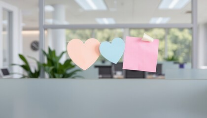 Colorful sticky notes shaped like hearts displayed on glass office partition for Valentine's Day