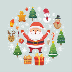 Cute Christmas Cartoon Illustration – Santa, Snowman, Tree, and Festive Holiday Icons