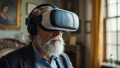 Elderly man with gray beard wearing VR glasses, virtual reality headset in a vintage room 