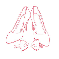 Elegant high heels and a bow tie arranged for a wedding ceremony in a stylish illustration