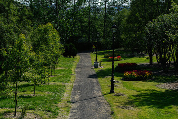 Idyllic garden pathway in Mosfellsbær, Iceland surrounded by blooming flowers and greenery