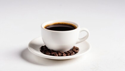 A white ceramic coffee cup sits on a white saucer surrounded by coffee beans. A minimalistic approach and a light background create an atmosphere of calm and comfort.