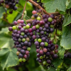 A close-up shot of vibrant grapes hanging on a vine, showcasing a blend of colors and textures