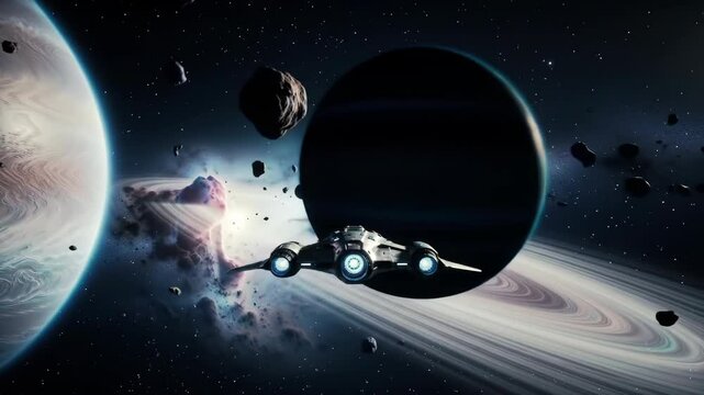 Spaceship through nebula and rings