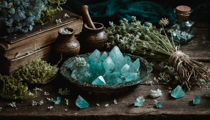 Aquamarine crystals on a dark and old wooden table with lots of green herbs and dry flowers