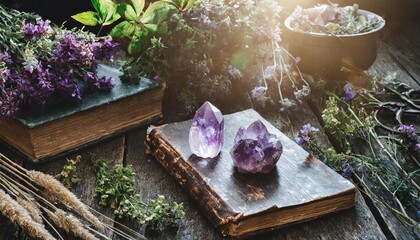 Amethyst crystals on a dark and old wooden table with lots of herbs and dry flowers